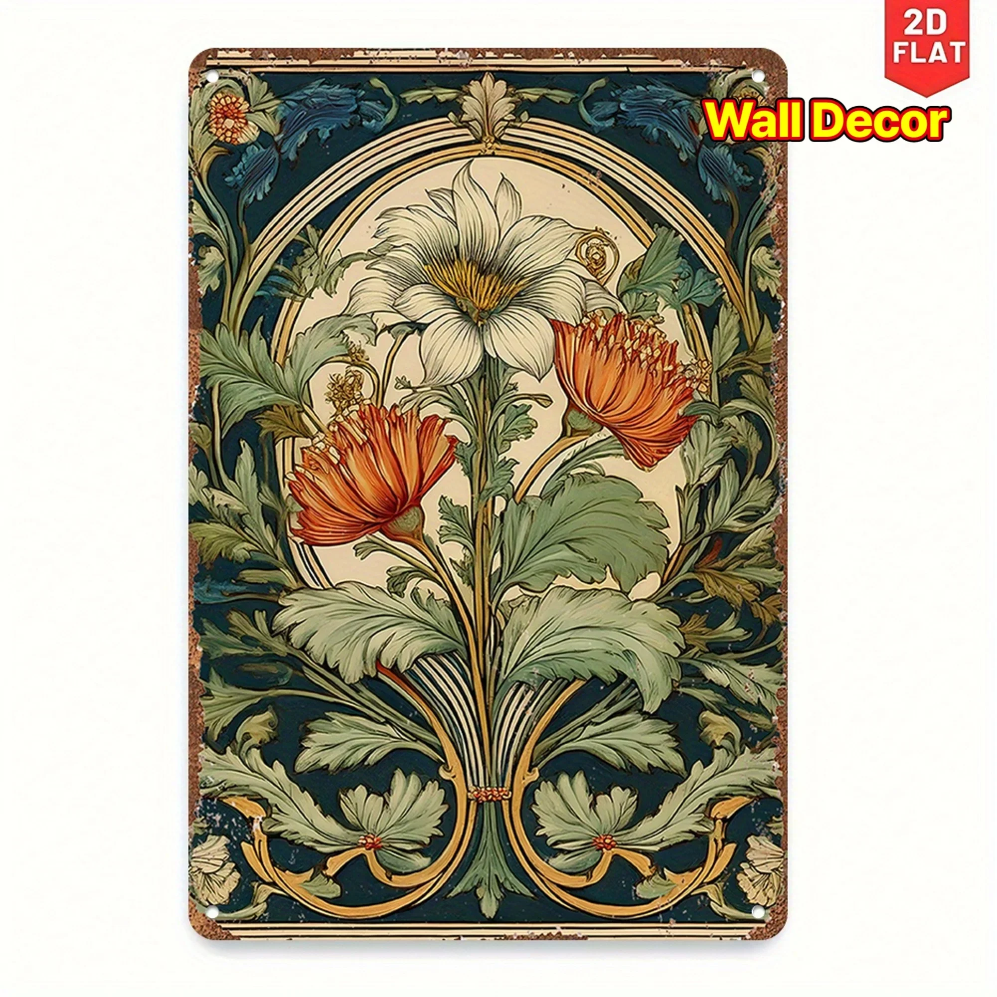 2D Flat, 1pc Vintage Art Nouveau Metal Wall Decoration - Ornate Floral Design in Navy Blue, Golden, Green, Beige, and Brown - Pe