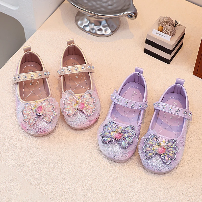 Mädchen Mary Jane Prinzessinnen-Flats, Kleinkind Glitzer-Farbverlauf-Kleiderschuhe mit Strass-Schmetterling, Funkelnde Party-Hochzeitsschuhe für Mädchen – Detail 3