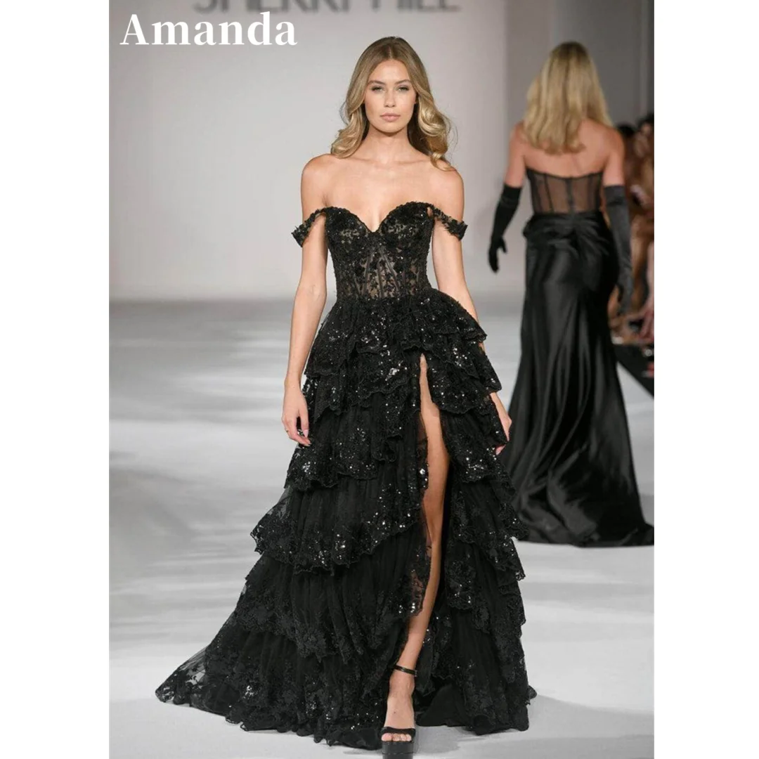 Amanda Elegant Off Shoulder Multilayer Prom Dress Customized Side High Split Lace Vestidos De Fiesta Princess Shiny فساتين سهرة