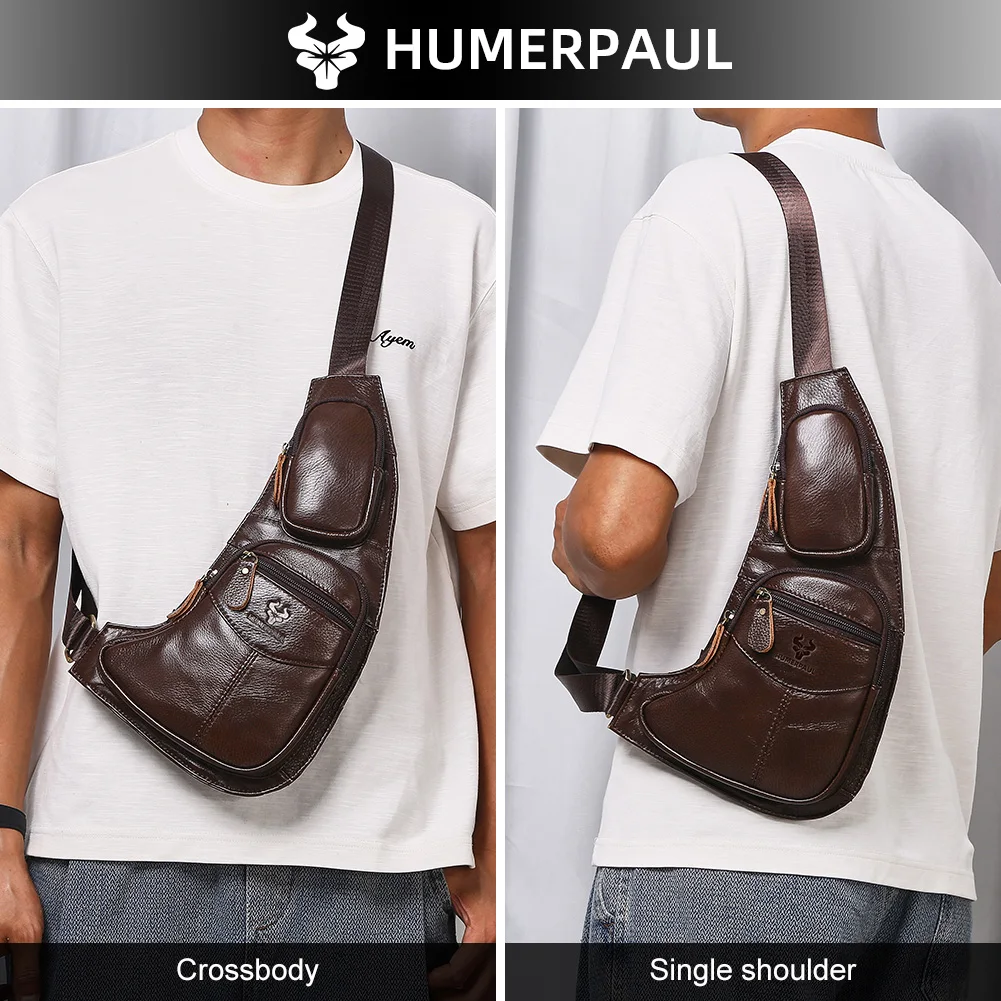 HUMERPAUL Retro-Leder-Brusttasche für Herren, große Kapazität, einschulterige Umhängetasche, Outdoor-Reisen, Wandern, Camping, Handy-Packung