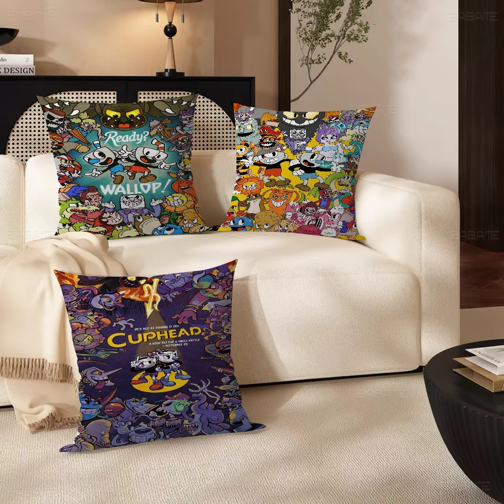 C-Cuphead Pillow Covers Cartoon Sofa Decorative Home Double-sided Printing Short Plush Cute Cushion Cover