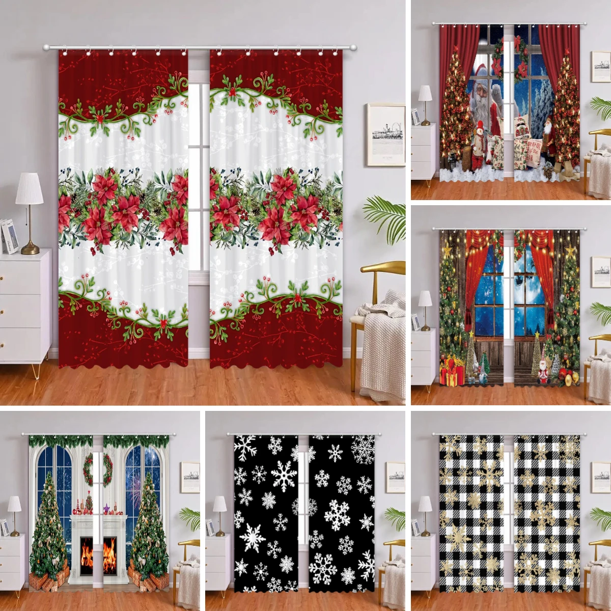 2Pcs Christmas Printed Curtains Christmas Tree Snowflakes Father Christmas Gifts Polyester Shower Curtains Bathroom Home Decor