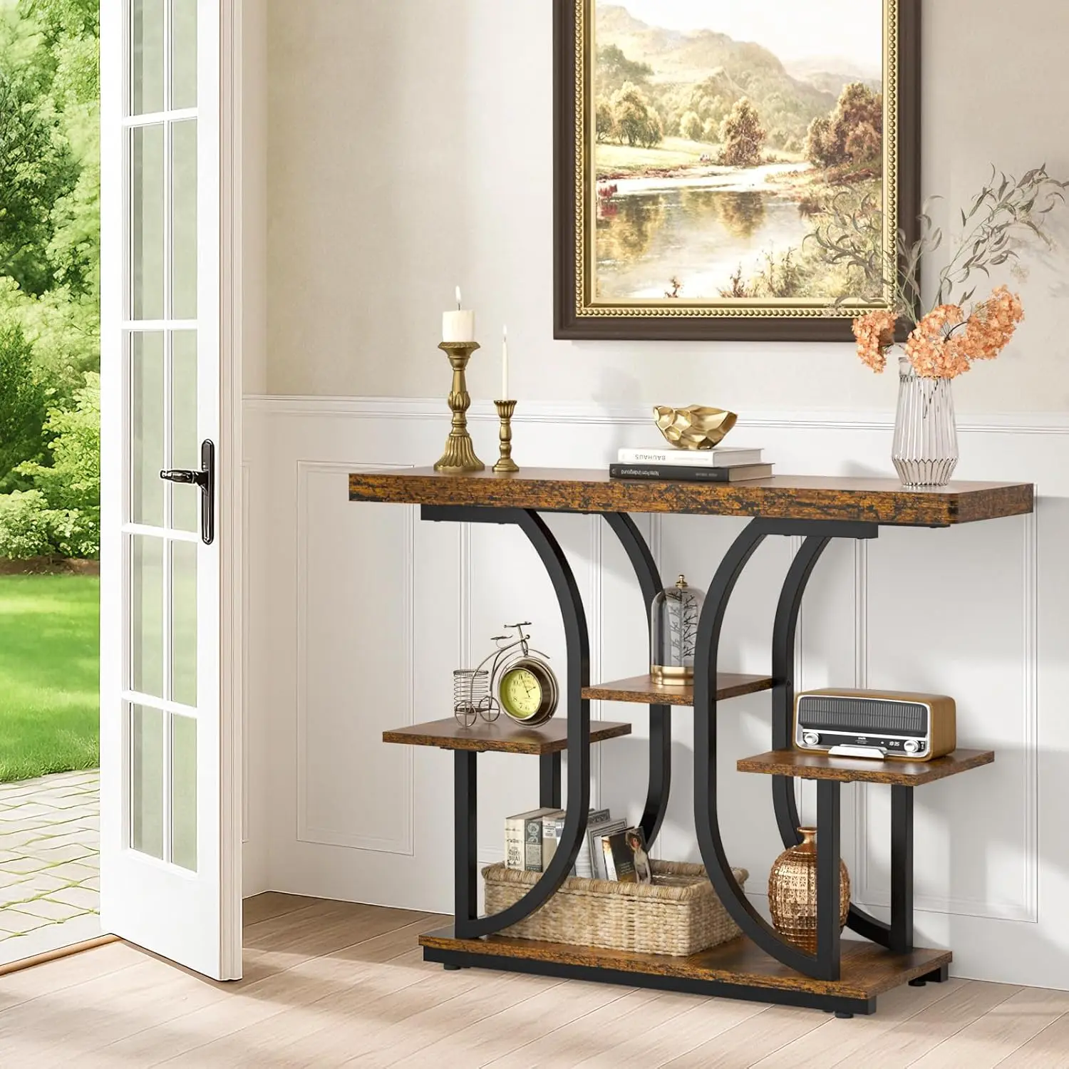42.5" Console Table, Industrial 4-Tier Sofa Table Entryway Table with Curved Base, Narrow Wood Accent Tables with Storage Shelve