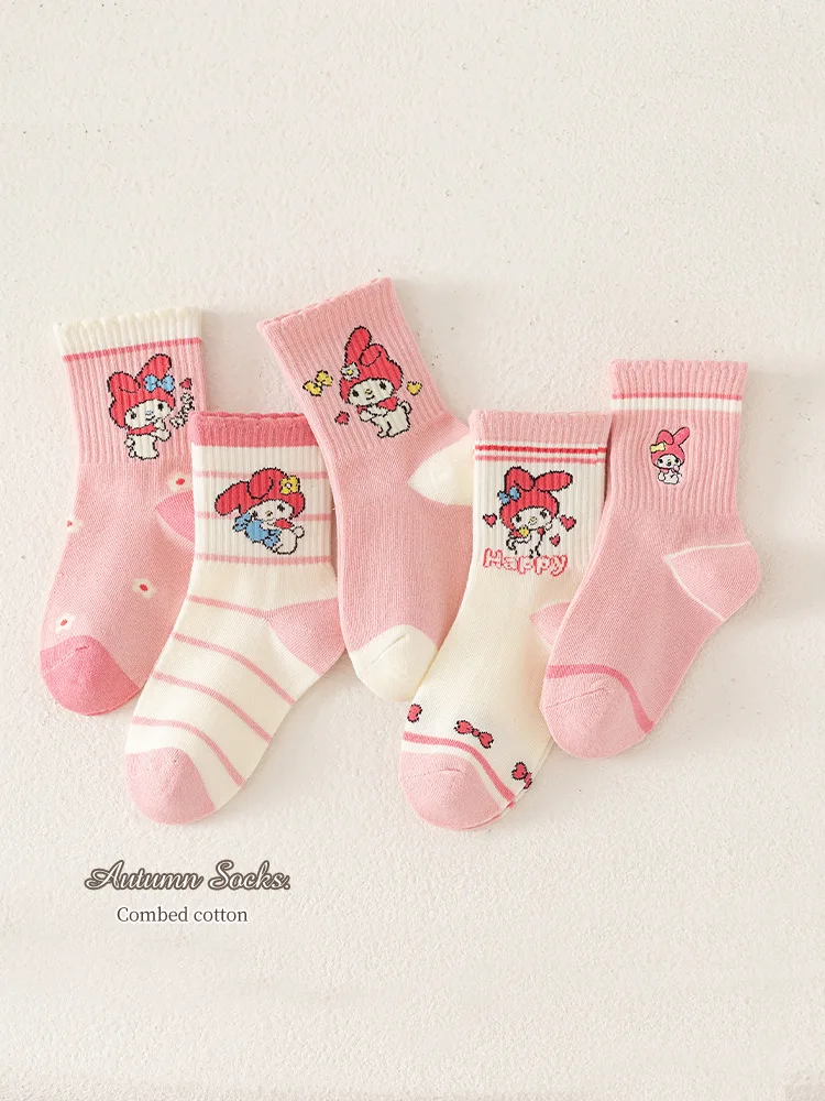 

5 Pairs Sanrio Melody cotton socks 2024 New autumn and winter girls pink socks Cartoon children's embroidery mid-calf socks