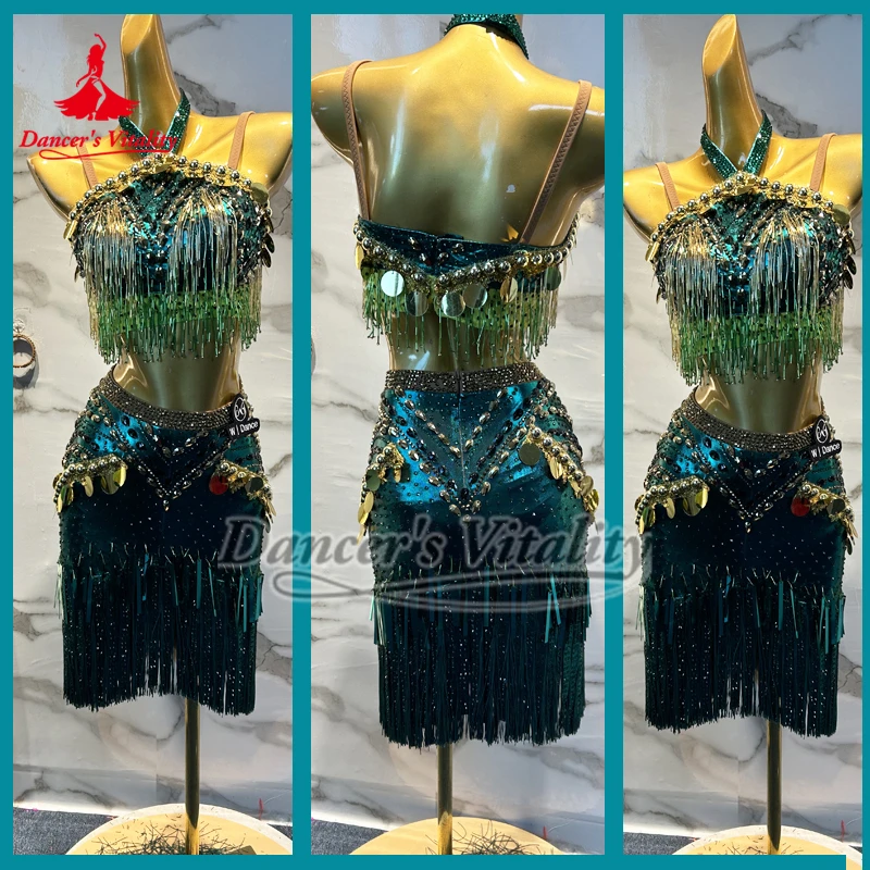 Latin Sleeveless Luxurious Customized Sling Two-piecer Blackish Green Fringed Skirt Chacha Salsa Samba Contest Advanced Clothing