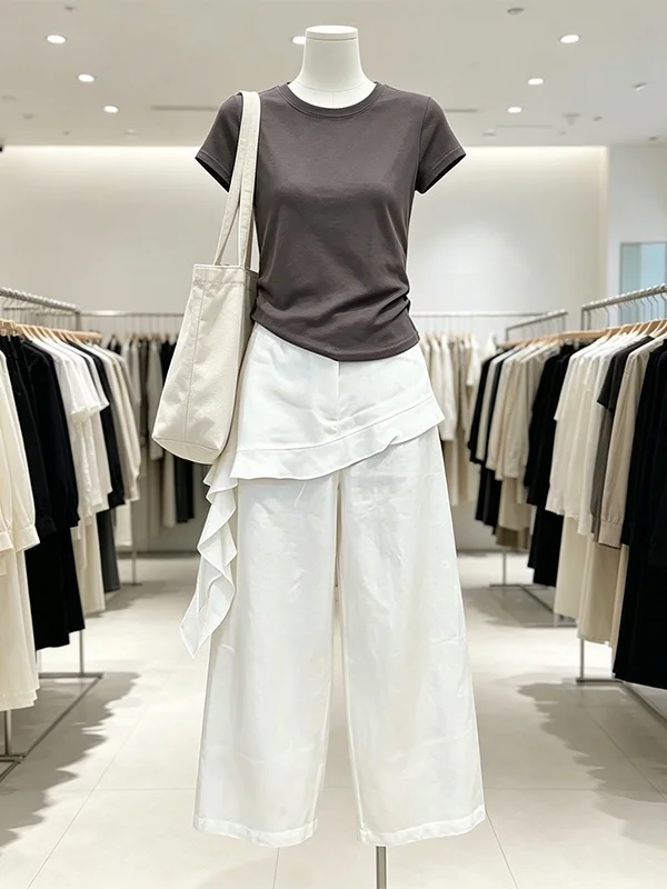 

Large Size Women's Summer New round Neck Short Sleeve T-shirt And Wide Leg Pants Two-piece Set Casual High Waist Nine-point P...