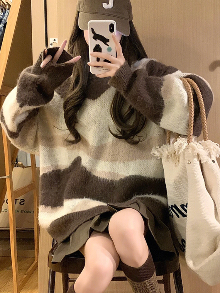 ITOOLIN Suéter de punto a rayas con cuello redondo de fibra de poliéster y cuello alto holgado Retro de otoño para mujer