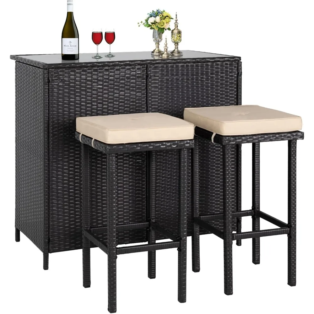 3-Piece Wicker Patio Outdoor Bar Set, 2 Stools and 1 Glass Top Table, Bistro Set, Brown Furniture for Deck, Lawn,