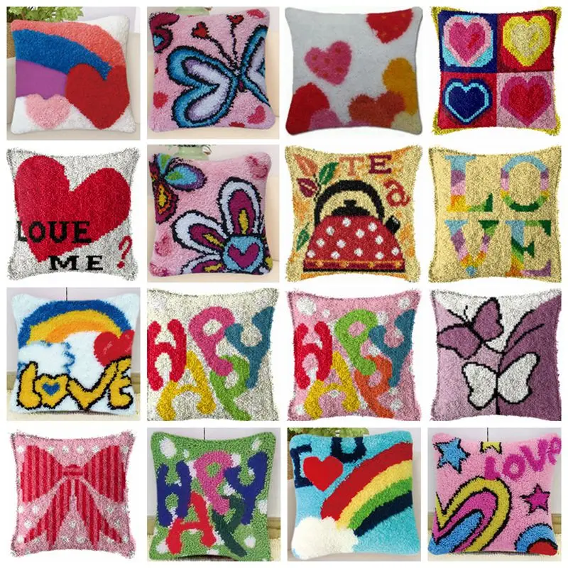 Love Heart Pattern Latch Hook Cushion Kits Pillow Case Crochet Hobby Crafts DIY Yarn for Embroidery Cushion Cover Sofa Pillows