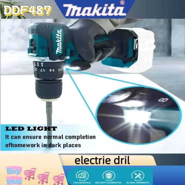 Makita DDF487 10mm para batería de 18V taladro de impacto eléctrico recargable de litio sin escobillas destornillador de torsión grande