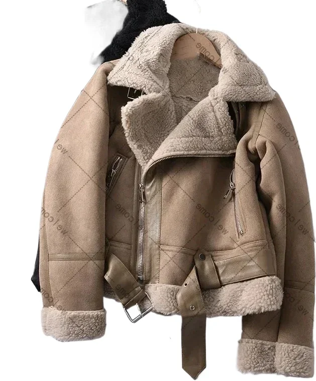 Winter acket Short Motorcycle Brown Coats Faux Shearling Sheepskin Leather Jackets Outwear Women Thick Warm Suede Lamb J