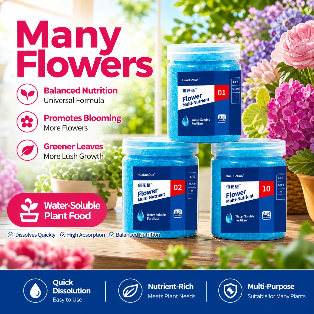 Balanced Water-Soluble Fertilizer Powder for Roses Hydrangea Green Plants 250g
