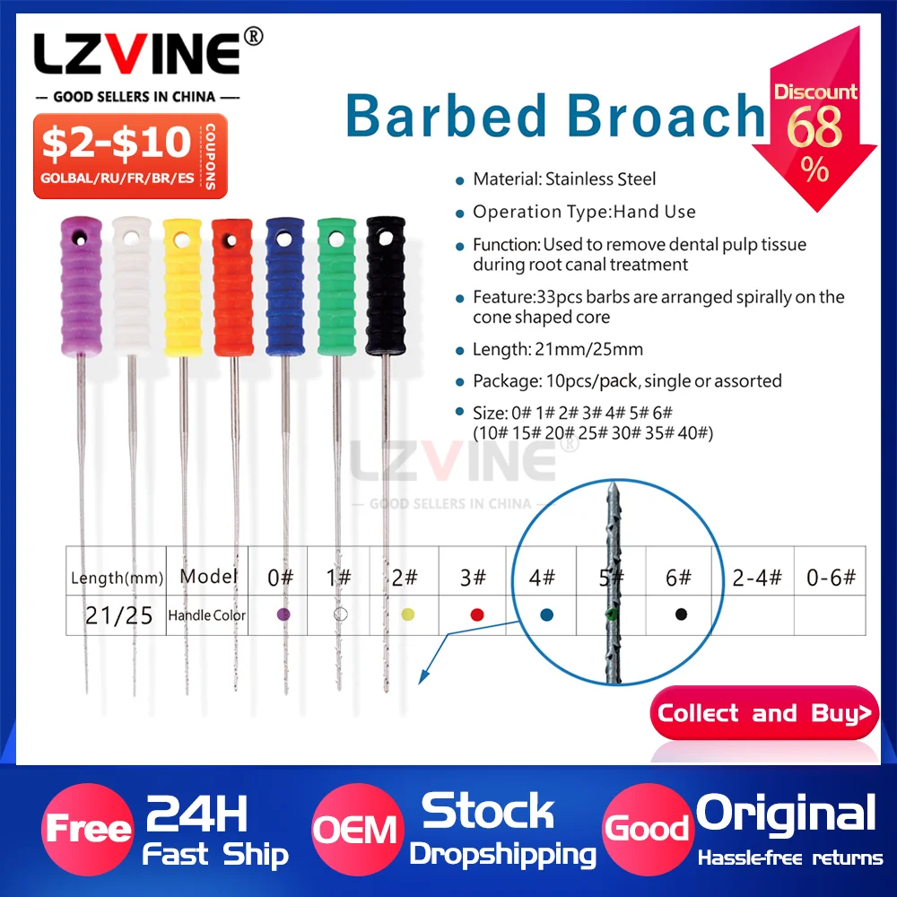 

10pcs/Pack Dental Barbed Broaches Handle Endondontic Files Stainless Steel Materials Dentistry Tools Root Canal Instruments #0-6