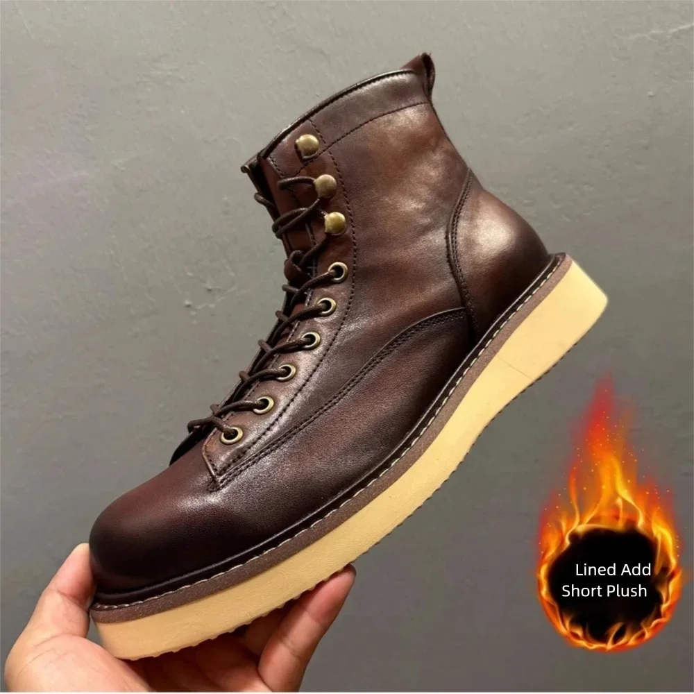 QHCCID Handmade Retro Horsehide Men's Boots Winter and Spring Add Short Plush Warm Motorcycle Boots Paratrooper Boots Men's