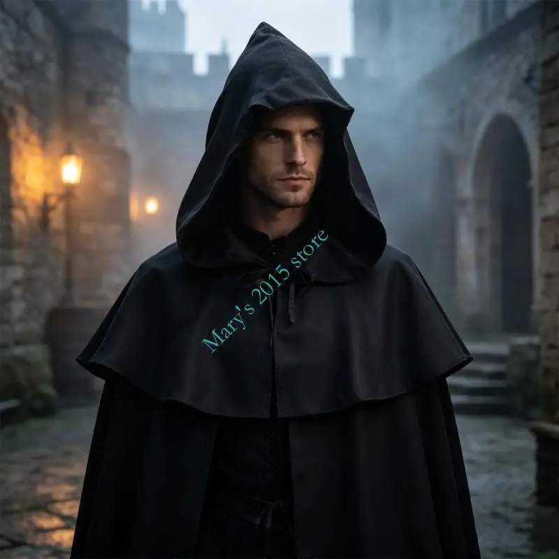 Renaissances Hooded Capes Medieval Cloak Costume Shawl for Adults with Front Tie and Oversized Top Cover for Cosplay Photos