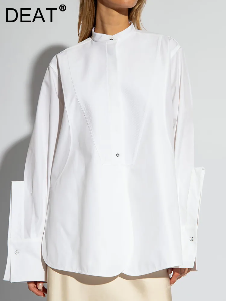 DEAT-Chemise à col montant pour femme, chemisier à manches longues, décoration de boutons minimaliste, inspiré du design, mode estivale, nouveau,