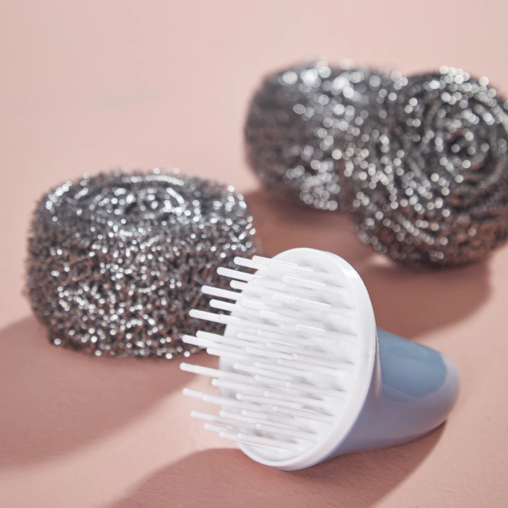 Cepillo de limpieza de alambre de acero inoxidable, estropajos de cocina antideslizantes de fuerte disuasución, herramienta de limpieza de utensilios de cocina, azul y rosa, 3 uds.