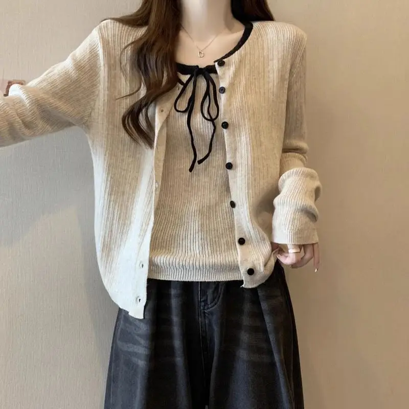 

Женский трикотажный комплект из двух предметов, кофта с цветным блокирующим ремешком и длинными рукавами, большие размеры