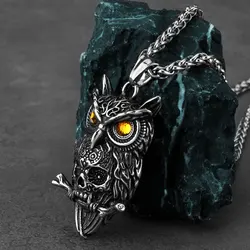 Gothic Zircon Inlay Owl Skull Viking Pendant Necklace Stainless Steel Biker Party Punk Hip Hop Men's Jewelry Necklace Gift