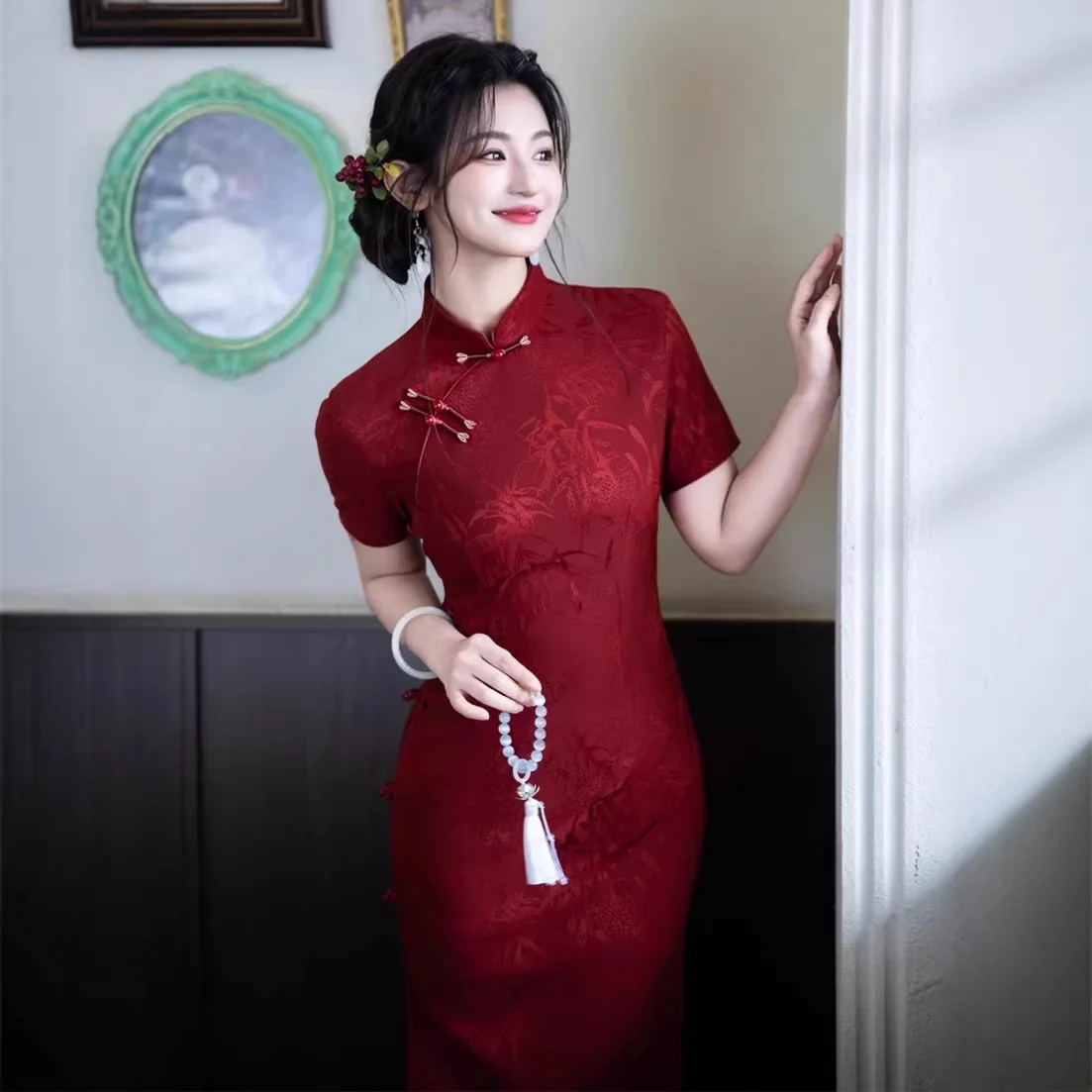 Vintage Style Long Cheongsam Jacquard Fabric Breathable Slim Fit Side  Button Qipao Chinese Traditional Dress for Girls SW-044
