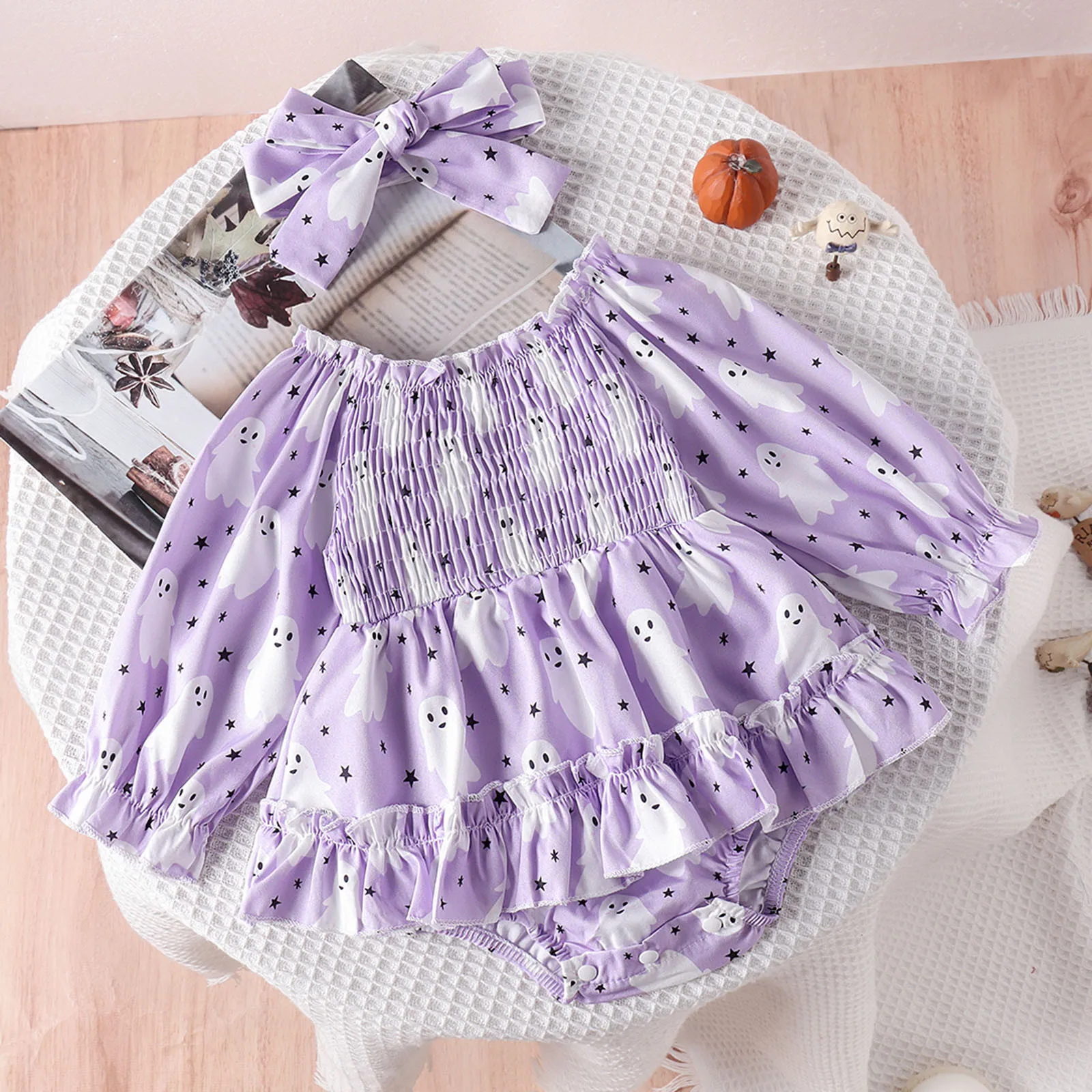 0-1years Baby Clothing Girls Halloween Casual Romper Long Sleeve Ruffle Collar Pumpkin Print Dress with Headband Newborn Clothes