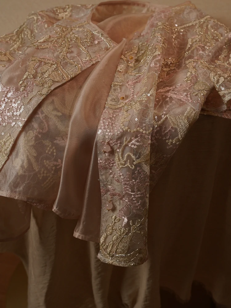 

Кружевной облегающий топ с вышивкой из бисера и пайеток, китайский слэ, национальный дух, розовый цвет, атмосфера