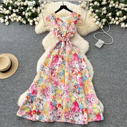 Women's Sleeveless Ruffles Single Breasted High Waist Belt Vintage Printed Long Party Vestidos Summer Fashion Runway Maxi Dress