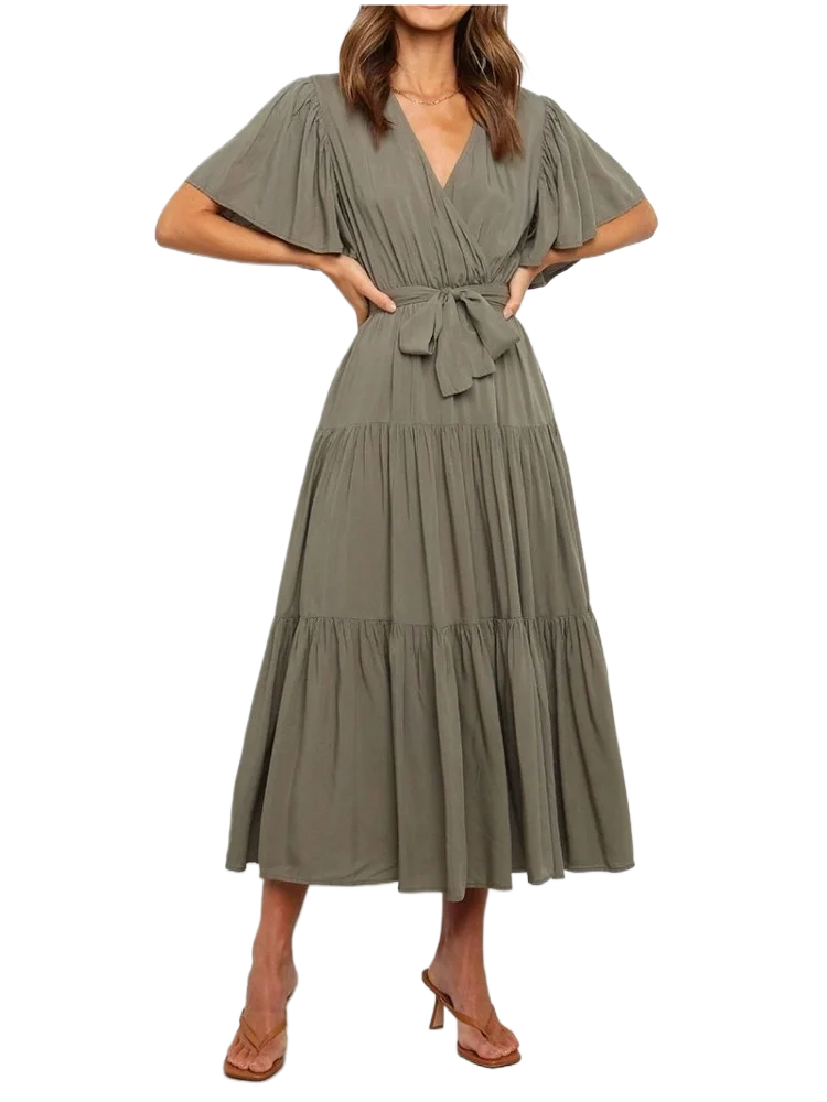 Abiti da festa eleganti con scollo a V con lacci Boho da donna Primavera Estate Nuovo abito longuette francese pieghettato solido maniche corte con orlo grande