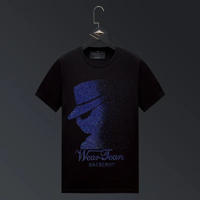 

Fashion Rhinestones T Shirts Men Summer Clothes Casual Streetwear O Neck Short Sleeve Elastic Cotton T-shirts Camiseta Hombre
