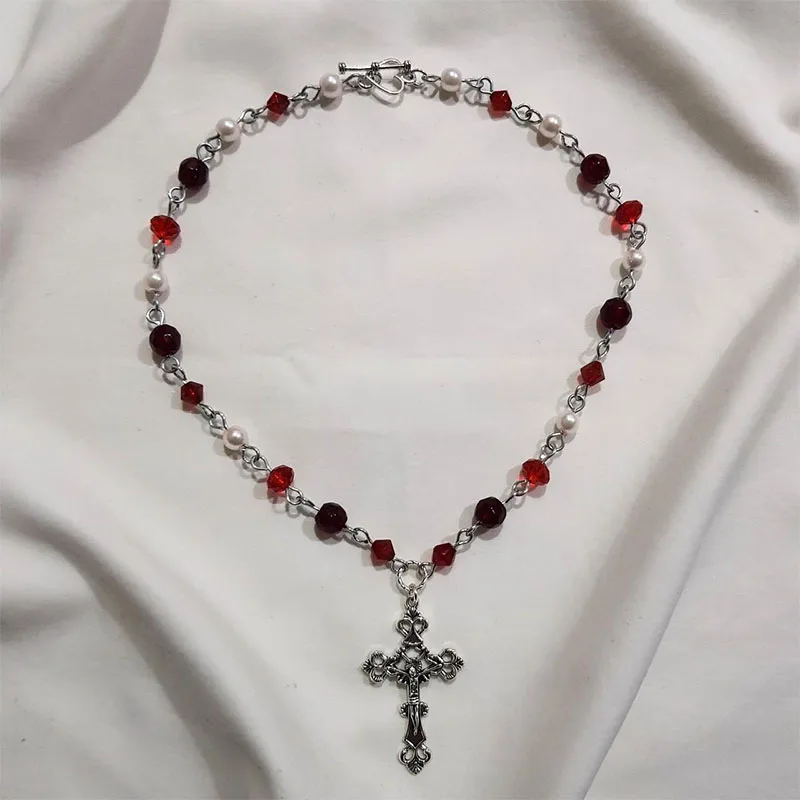 stunning red cross necklace Black Gothic statement Rosary Style Grunge necklaces women 2021 jewelrye y2k
