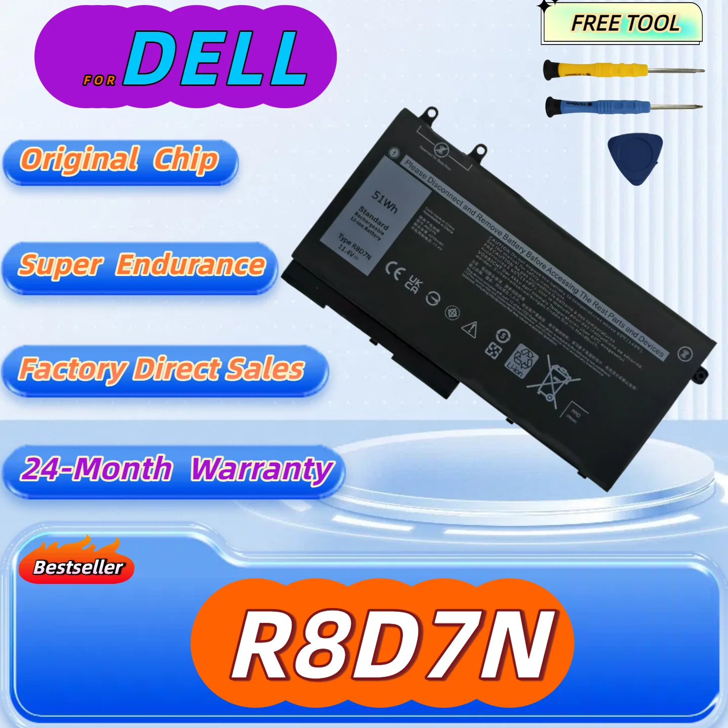 

R8D7N Laptop Battery For Dell Latitude 5400 5500 Precision 3540 Inspiron 7590 7591 7791 2-in-1 Sereis Free Tool+24M Warranty
