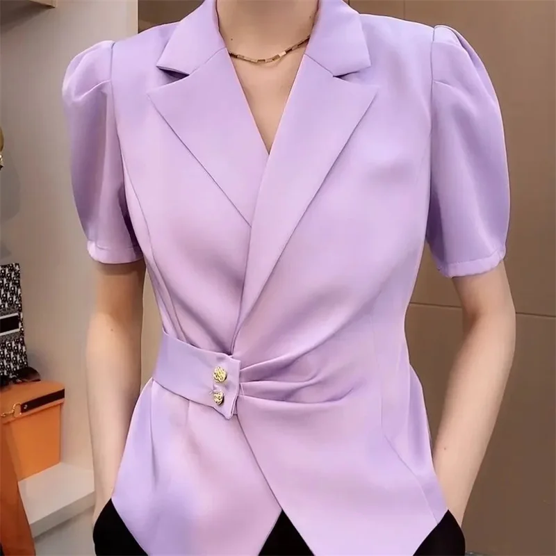 

Ladies New Solid Color Suit Collar Short-Sleeved Shirt Spring And Summer New Temperament Slim Joker V-Neck T-Shirt Blouse