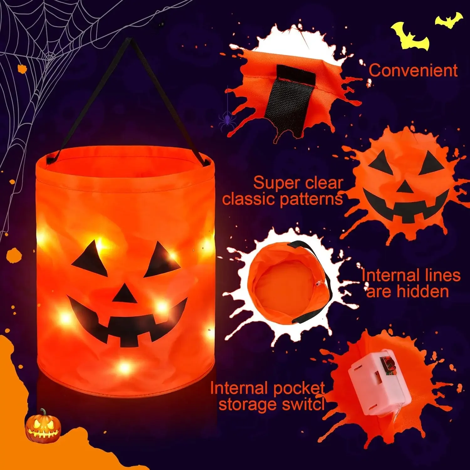 10PCS High Quality LED Halloween Candy Basket Trick or Treat Pumpkin Candy Bags Halloween Holder Gift Basket with LED Light