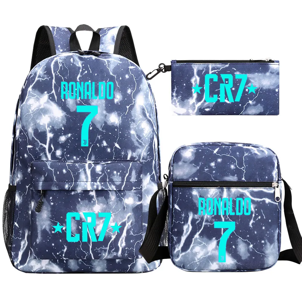 Mochila escolar grande impermeável para mulheres, bolsas de ombro para estudantes adolescentes, CR7, tendência da moda, 3 peças