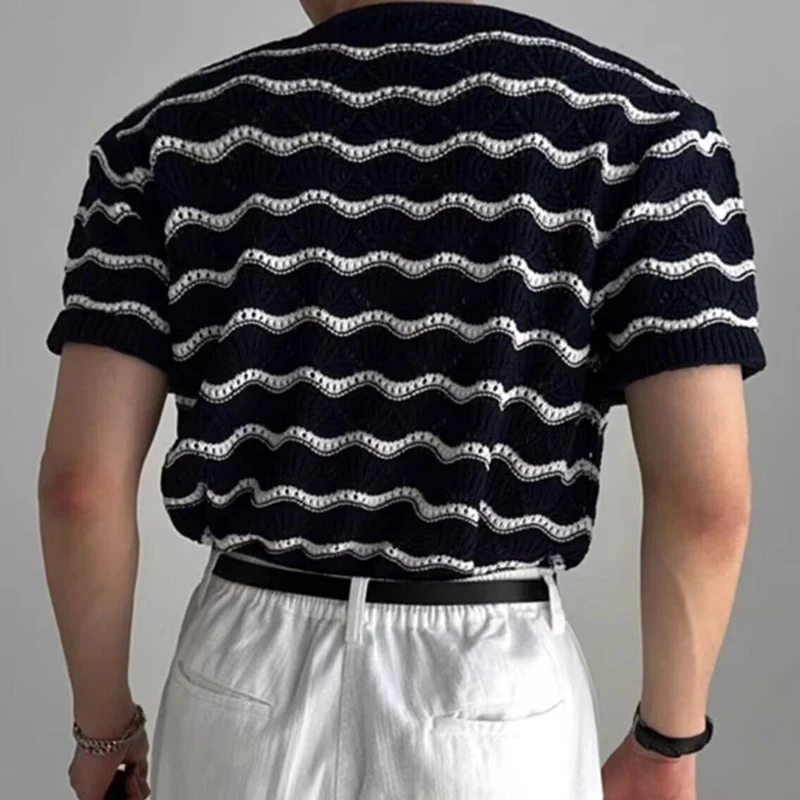 Herren Strick-T-Shirts Sommer Gestreiftes Ausgehöhltes Jacquard Kurzarm-Rundhals-Shirt Lässige T-Shirts Y2K Vintage Streetwear Oberteile – Detail 3