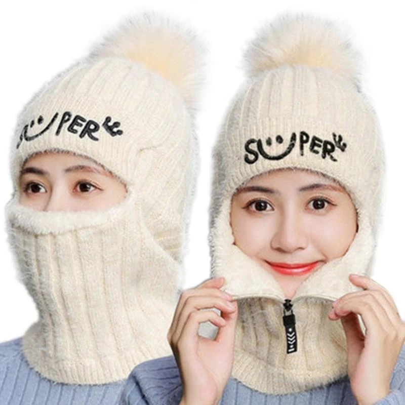 النساء الشتاء قبعة صغيرة محبوكة بالاكلافا قبعة رسائل التطريز فو صوف مبطن سستة قناع الوجه الرقبة أدفأ في الهواء الطلق التزلج