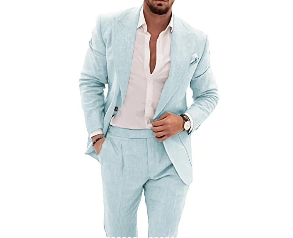 

Casual Men's Flax Suits 2 Pieces Linen Suit Stylish Tuxedo Suits for Men Wedding Dresses Summer Beach Suits for Men Customized