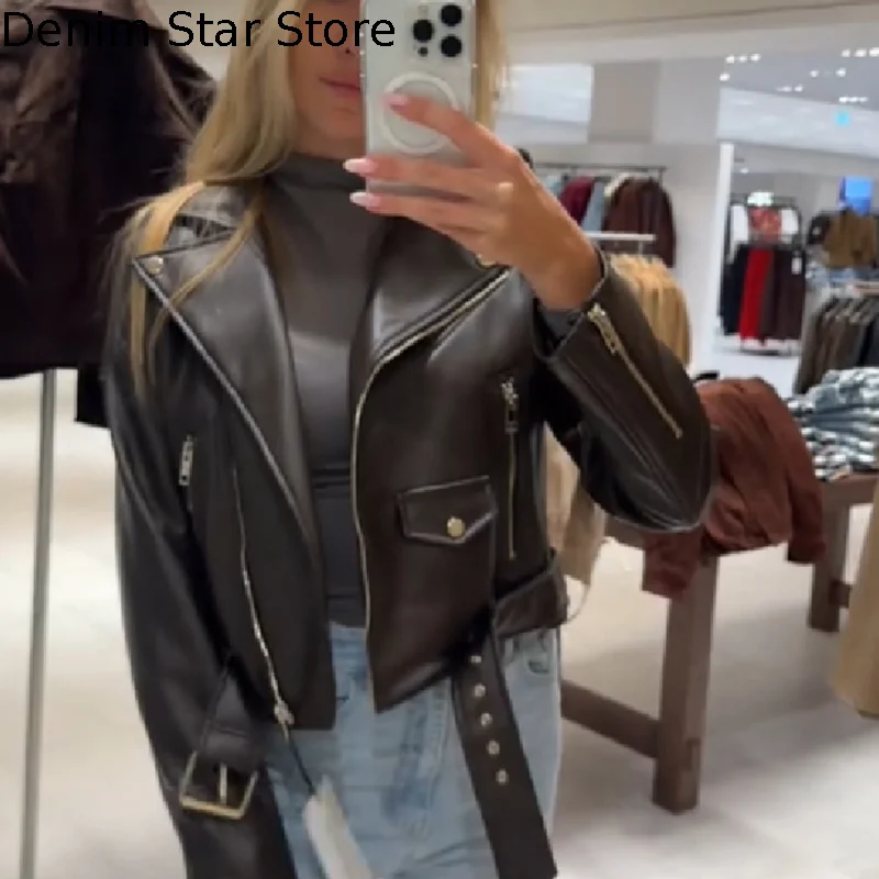 

Vintage Solid Faux Leather Jacket Women Lapel Full Sleeve Zipper Button Coats 2025 NEW Lady Daily Commute High Street Outwear