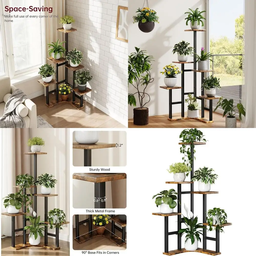 

6-Tier Indoor Plant Stand: Rustic Brown Square Rack for Living Room, Balcony, or Garden - Organize Multiple Plants