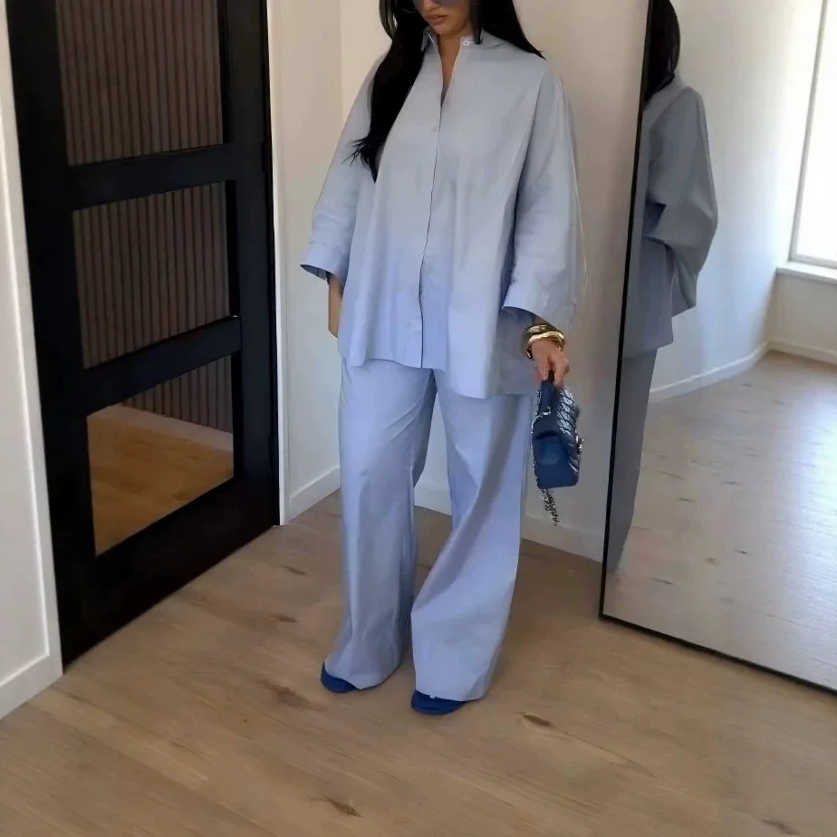 Loose Solid Color Shirt Long Pants Loungewear Women Set Long Sleeve Pocket Shirts High Waist Straight Trousers Pajamas for Women