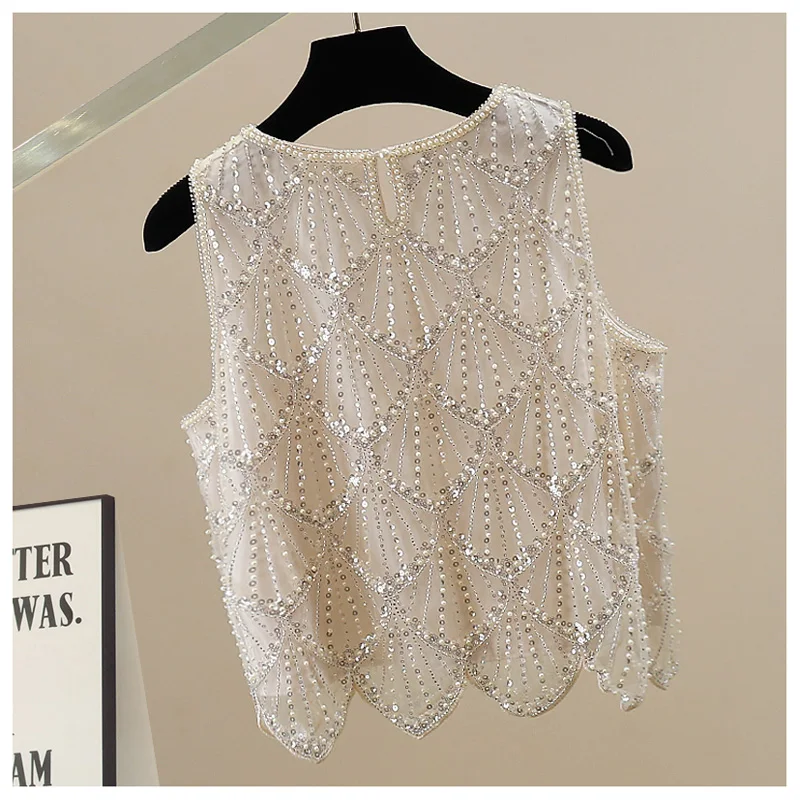 Ciężko zdobiony cekinami damski top irt Svel Ele Design koreański okrągły dekolt casualowy letni top Faion Trend