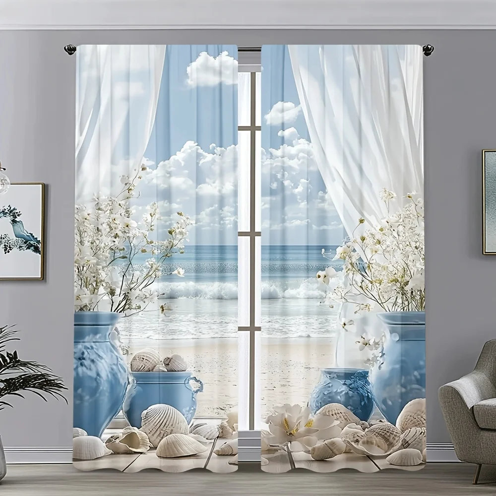 2PCS, Multicolor, Coastal Beach Scene with Seashells and Blue Vase Floral Print Curtains, for Bedroom and Living Room