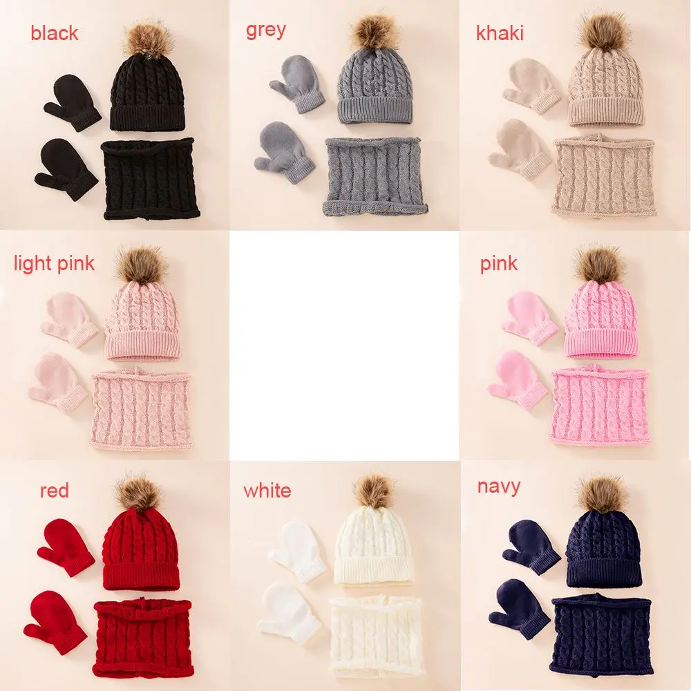 3Pcs/Set Cute Hat Scarf Gloves Set Solid Color Cotton Caps Winter Warm Accessories For Kids 0-3 Years Boys Girls Children