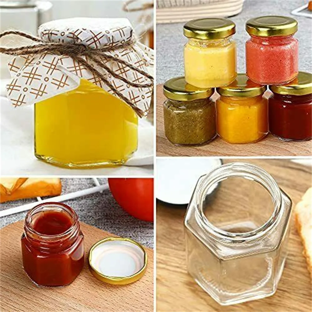 12pcs 45ml/60ml Mini Hexagon Glass Jars with Golden Lids, 45ml Small Honey Jams Spice Empty Container