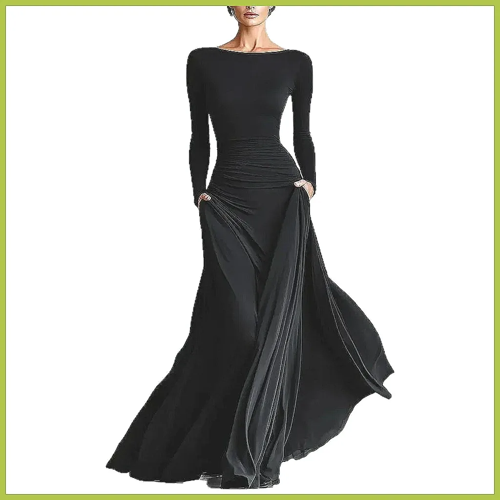 Gaun Maxi Patchwork Elegan Wanita Lengan Panjang Kerah Tinggi Gaun Pesta Chic Vestidos (72 karakter)