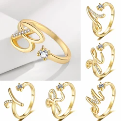 Shiny Crystal Initial A-Z Letter Rings For Girl Adjustable Opening Metal Copper Wedding Alphabet Knuckle Ring Jewelry Gift