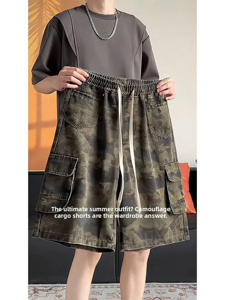 

Мужские летние камуфляжные рабочие шорты в американском уличном стиле, модные, с пятью карманами, свободного кроя, со средней посадкой на талии