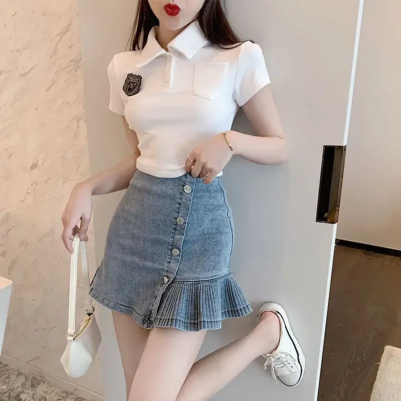 Short Sleeve Denim Mini Female Outfits Sexy Cotton Skirt Night Club Women\'s Two Piece Set Formal Event New Matching Occasion