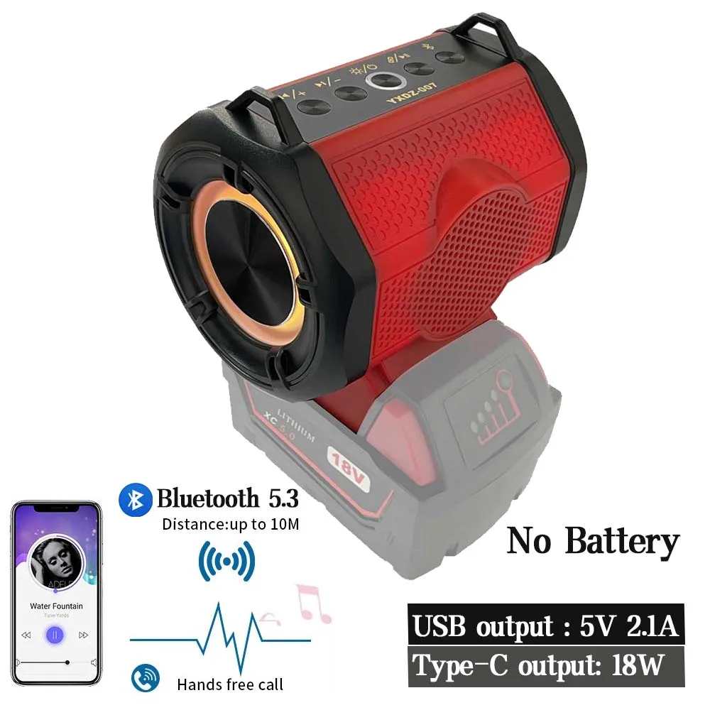 Portable Bluetooth Speaker Stero Player Cordless Loudspeaker Amplifier for Milwaukee 18V Li-ion Battery With USB Party Outdoor