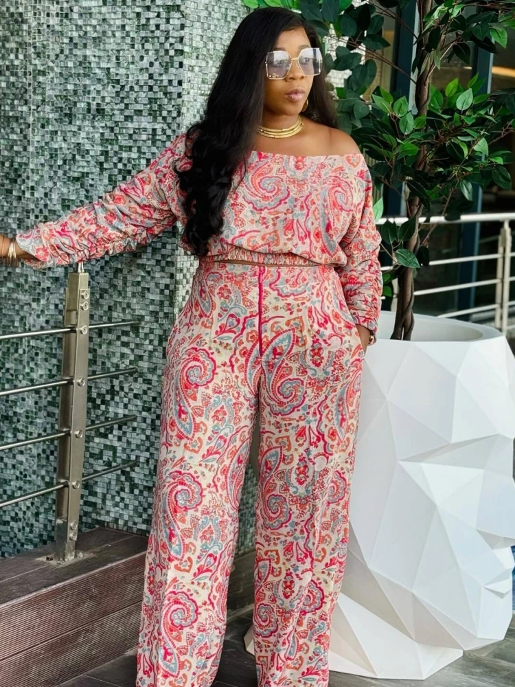 2 Pieces Women\'s Sets 2024 Summer Spring Print Pullover Suit Tops And Wide Leg Pants Suits Two Piece Set Tracksuit Outfit